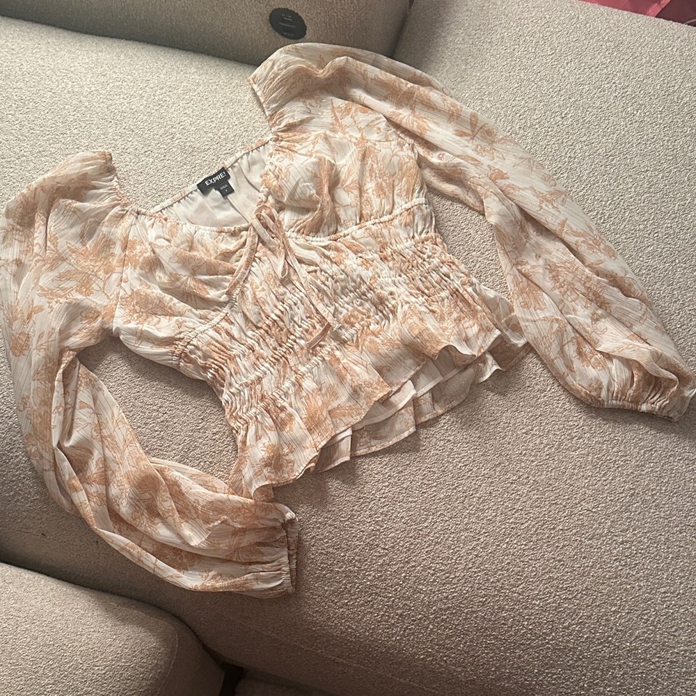 Express Beige Floral Smocked Blouse
